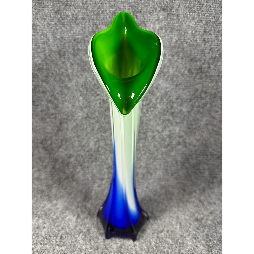 Vintage Art Glass Calla Lily Bud‎ Vase Blue White Green Tri-Color 12 Inch